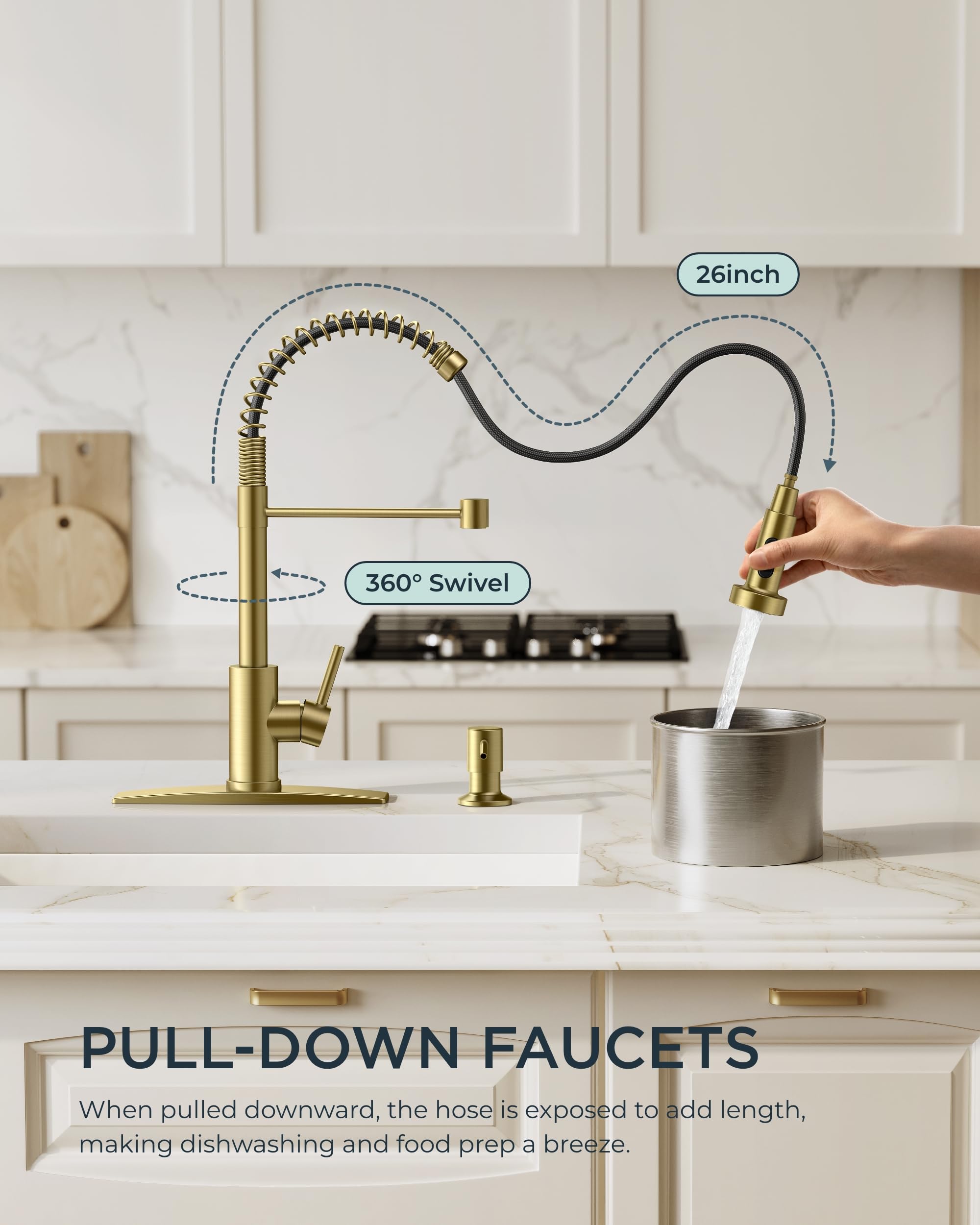 Forious Kitchen Faucet, Gold Kitchen Sink Faucets With Pull Down Sprayer, Commercial Spring Kitchen Sink Faucet Stainless Steel,